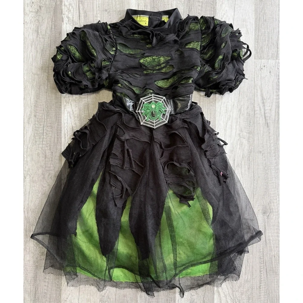 Spooked Witches Dress Costume Girls M (5-6) Green & Black With Spider Belt